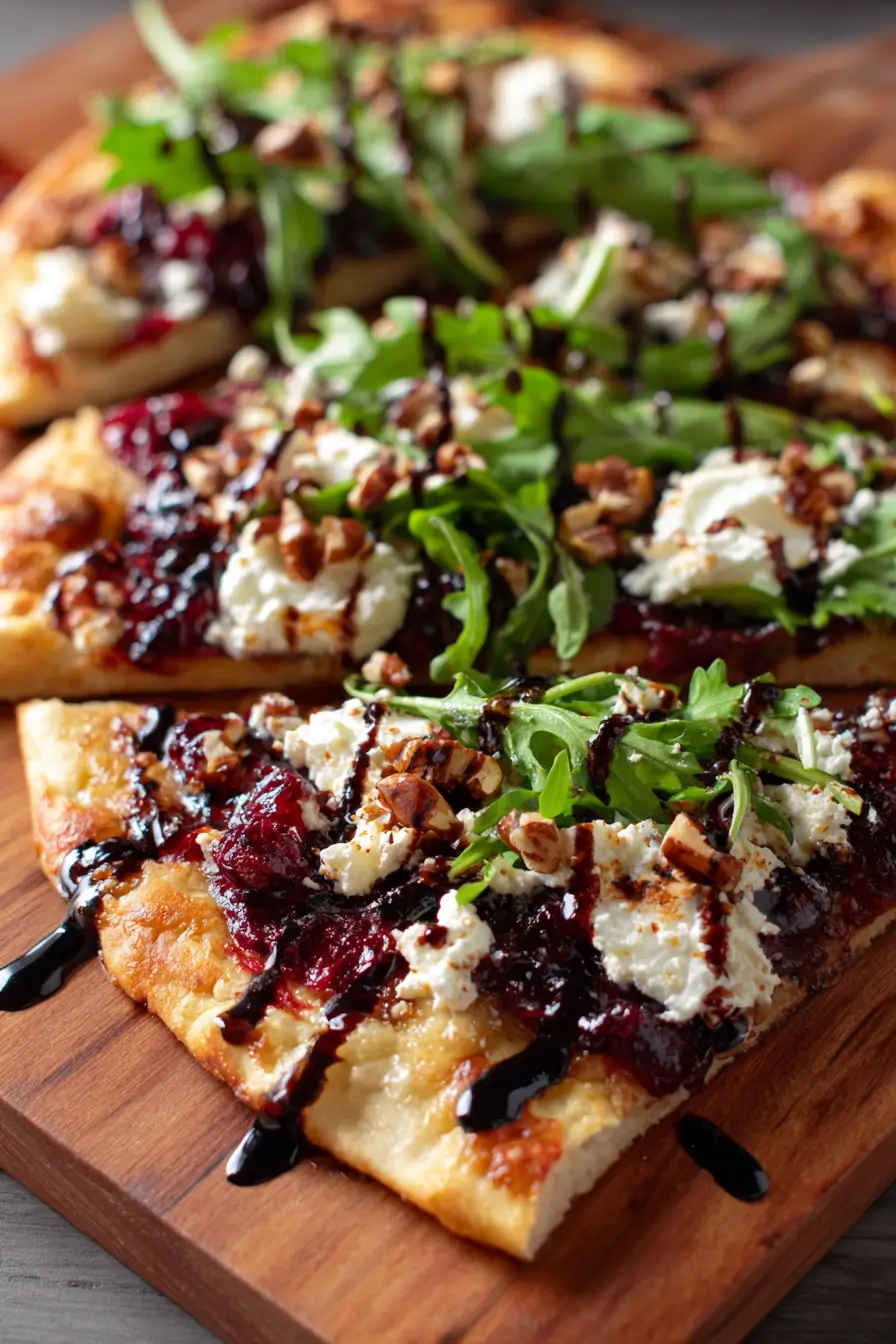 Easy Cranberry Balsamic Flatbread with Goat Cheese & Arugula
