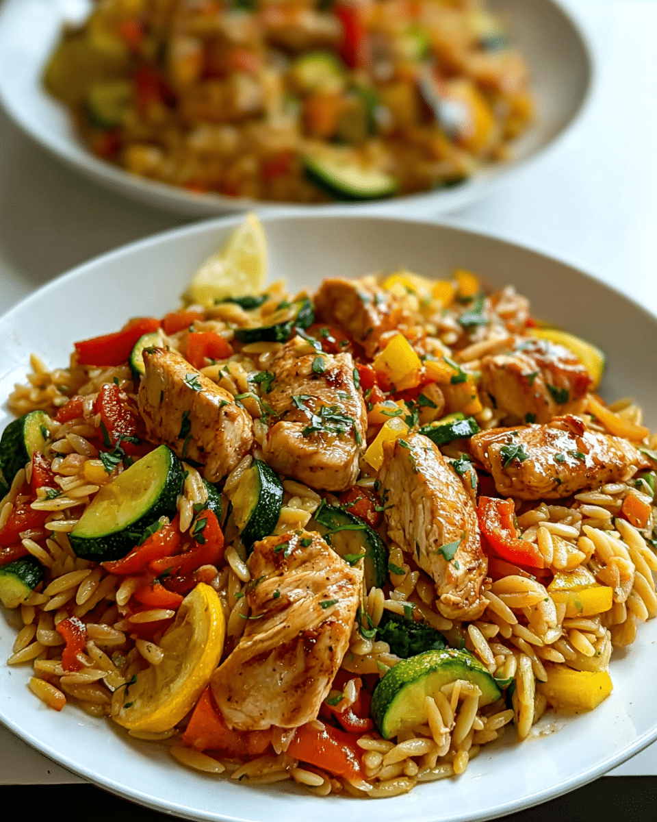 Lemon Chicken & Veggie Orzo Stir Fry: Quick Zesty Meal!