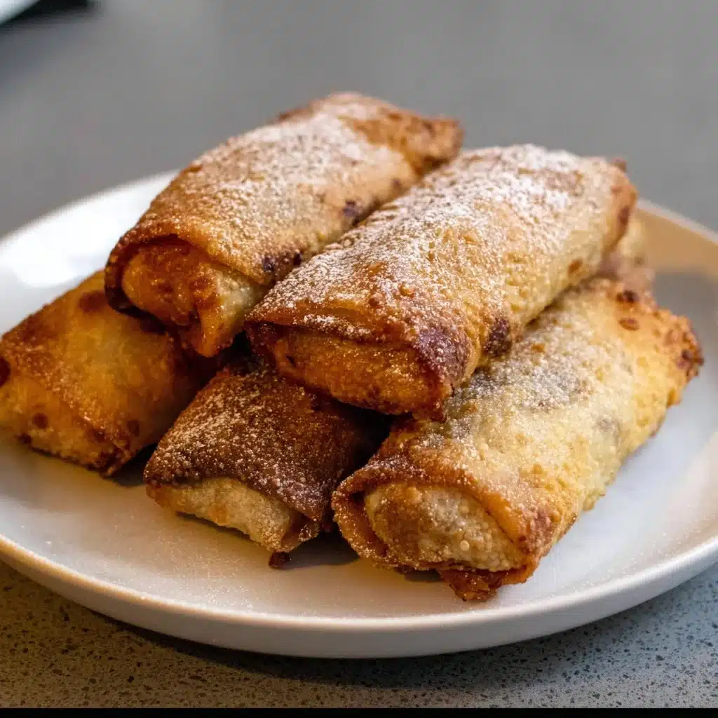 Crispy Air Fryer Banana Egg Rolls served on a plate with a drizzle of chocolate sauce.