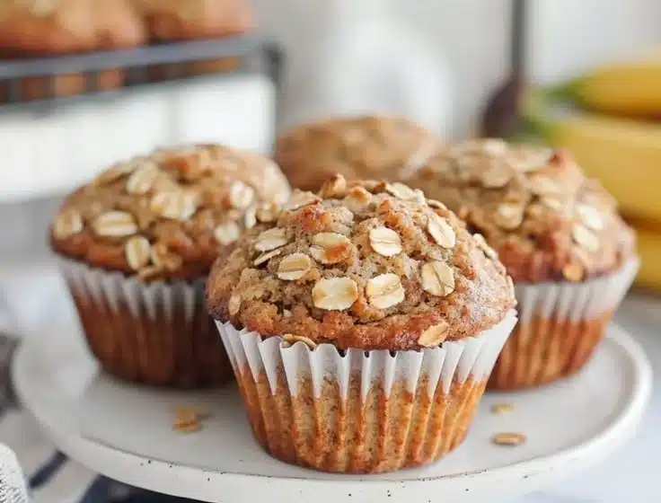 Freshly baked banana oat muffins on a wooden table