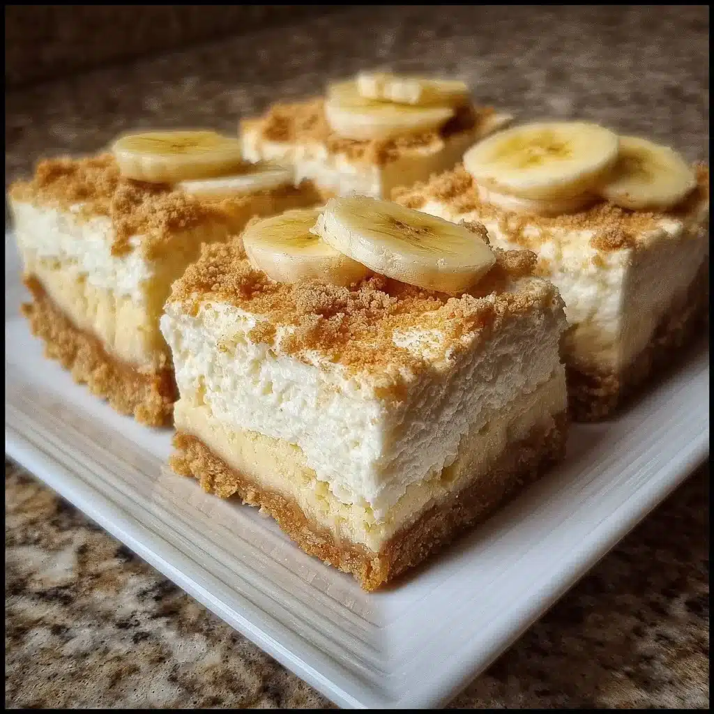 Banana Pudding Cheesecake Squares 3 Delicious banana pudding cheesecake squares topped with whipped cream and bananas.