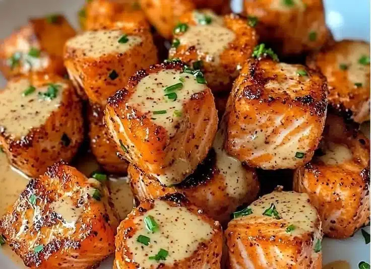 Bang Bang Salmon Bites served with flavorful sauce