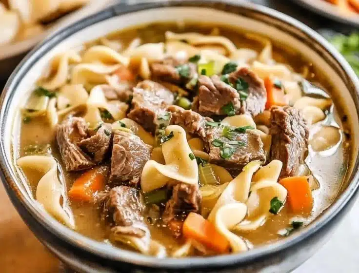 Bowl of steaming Beef Noodle Soup topped with fresh herbs