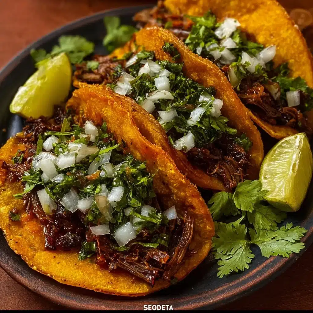 Delicious Birria Tacos served with consomme and toppings