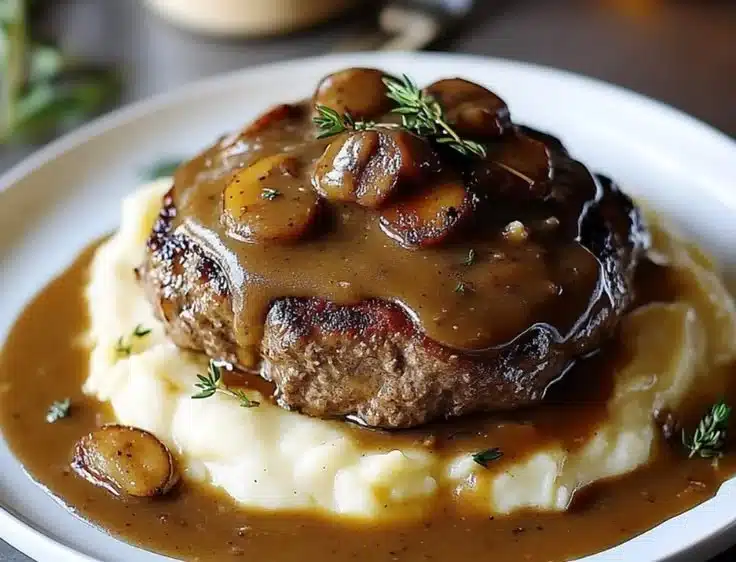 Bobby Flay's delicious Salisbury steak with flavorful gravy served on a plate