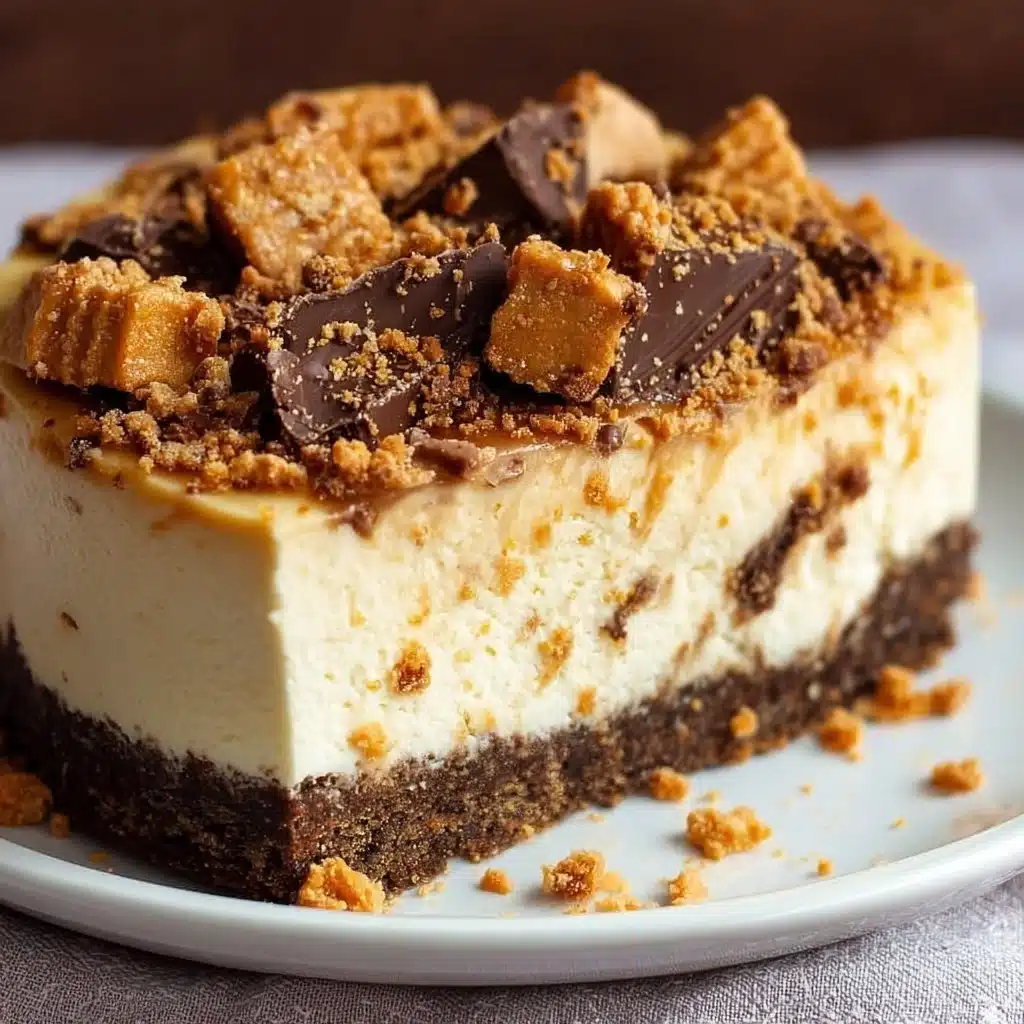Delicious Butterfinger Cheesecake topped with crushed Butterfinger bars.