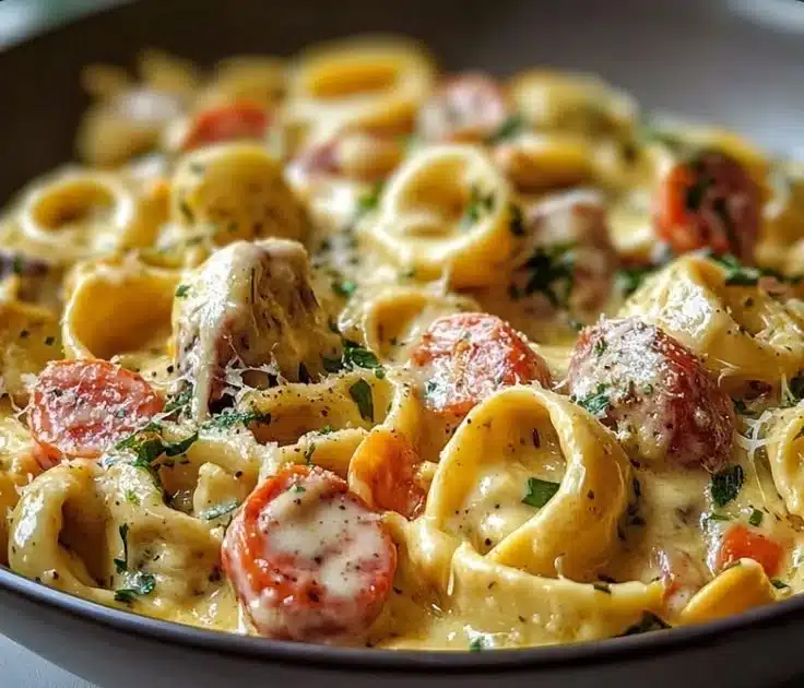Delicious Cajun Alfredo Tortellini garnished with herbs and spices