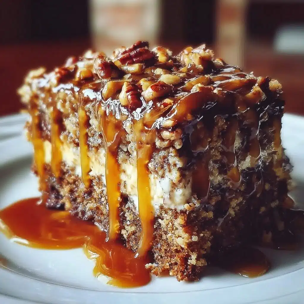 Slice of Caramel Toffee Crunch Cake topped with caramel drizzle and toffee bits