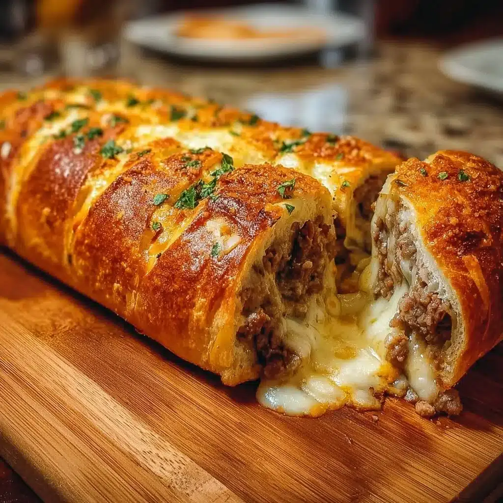 Cheesesteak stuffed garlic bread loaf with melted cheese and tender beef filling.