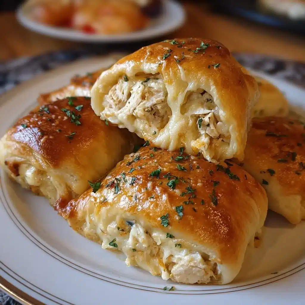Cheesy chicken-stuffed crescent roll bundles fresh out of the oven.