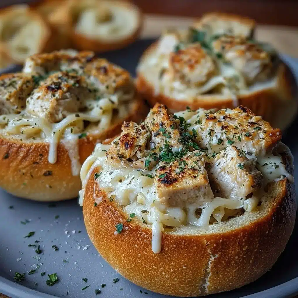 Delicious Chicken Alfredo served in garlic bread bowls fresh from the oven
