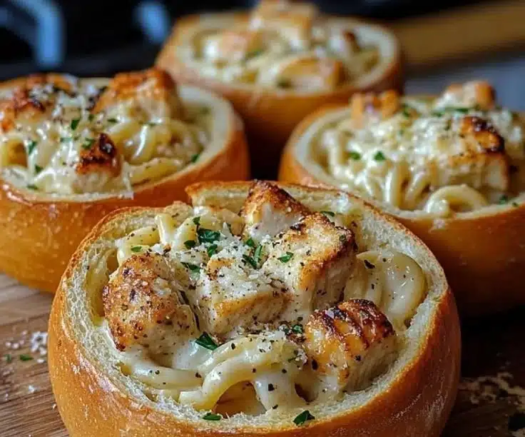 Chicken Alfredo Garlic Bread Bowls 4 Chicken Alfredo Garlic Bread Bowls