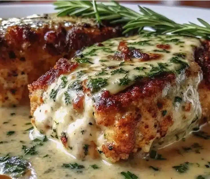 Creamy Chicken with Boursin sauce plated with herbs and vegetables