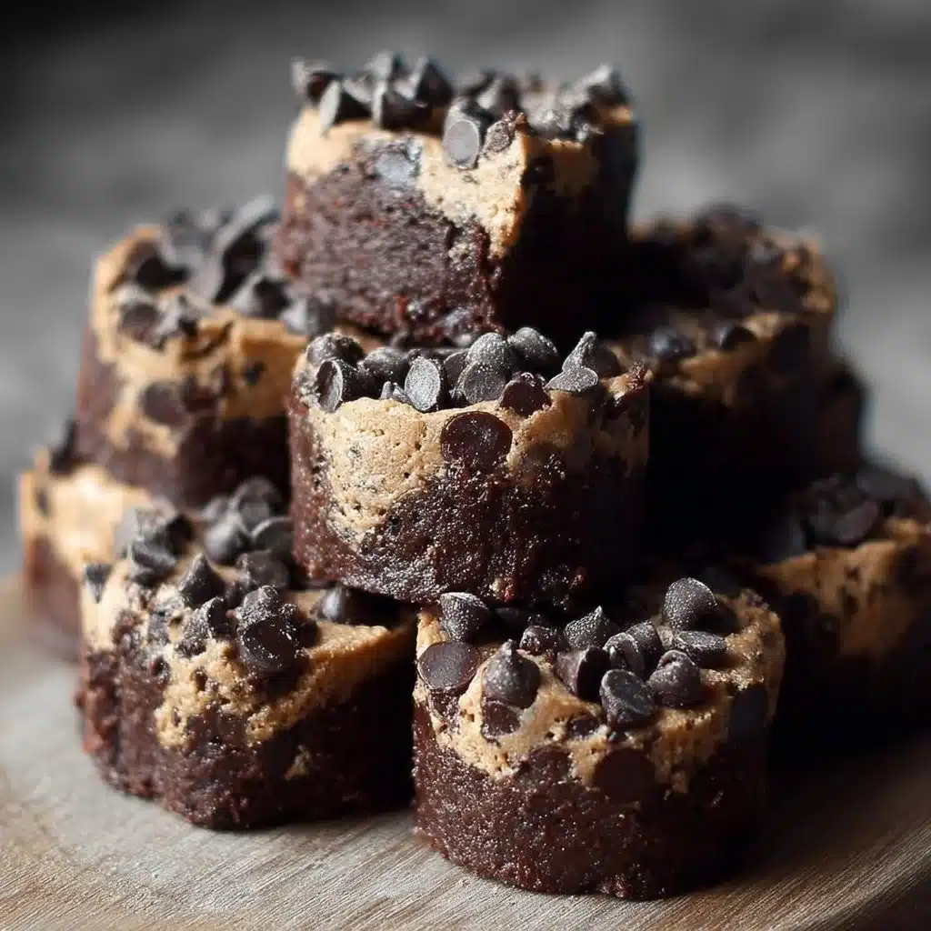 Chocolate chip cookie dough brownie bites with a fudgy base and cookie dough topping.