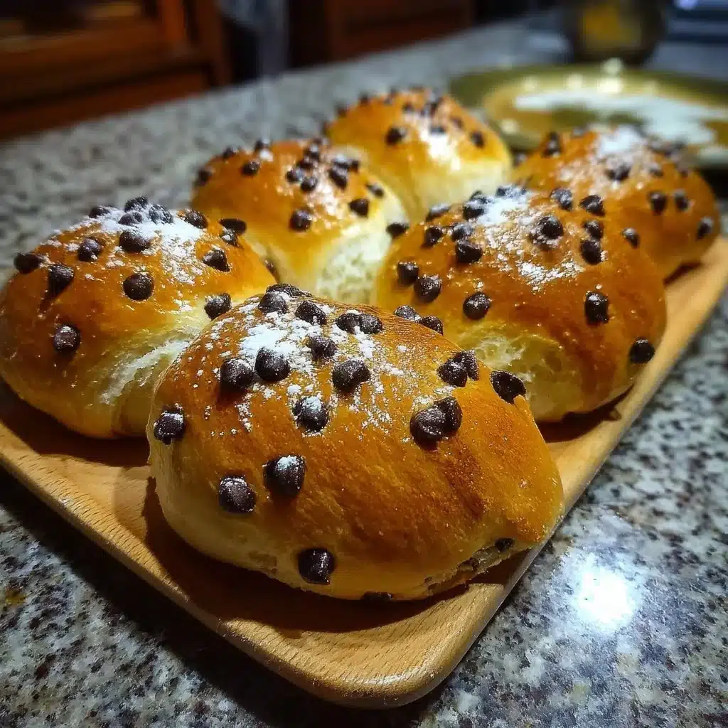 Chocolate chip brioches filled with vanilla custard, freshly baked and delicious.