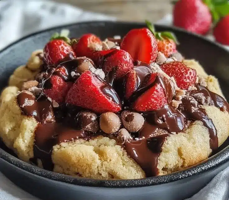 Delicious chocolate-dipped strawberries with cookie dough.