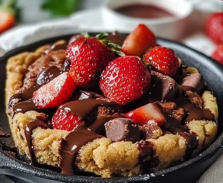 Chocolate-dipped strawberry cookie dough delights served on a plate