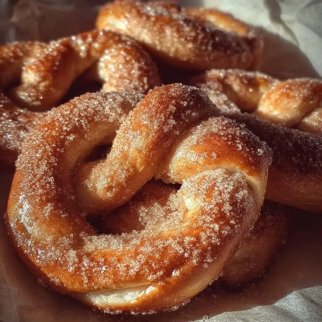 Cinnamon sugar soft pretzels fresh out of the oven, golden and sprinkled with sugar.