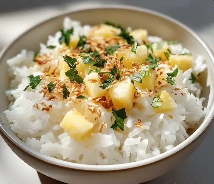 Dish of Coconut Pineapple Rice garnished with fresh pineapple and coconut flakes