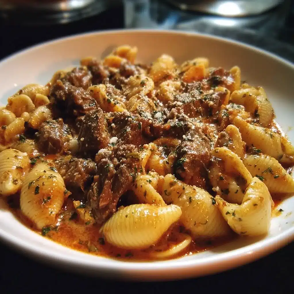 Creamy Beef and Shells 3 Creamy beef and shells dish with pasta in a rich sauce