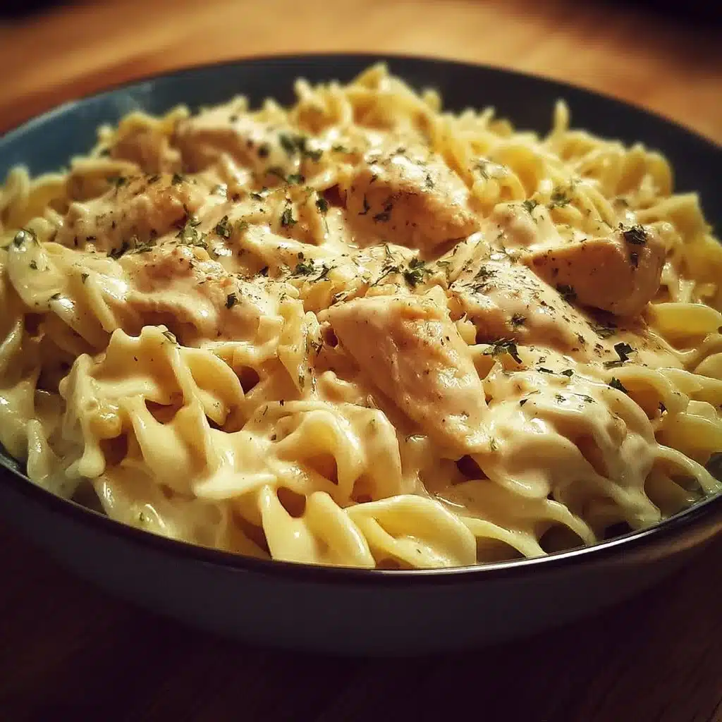 Creamy chicken buttered noodles in a bowl topped with herbs