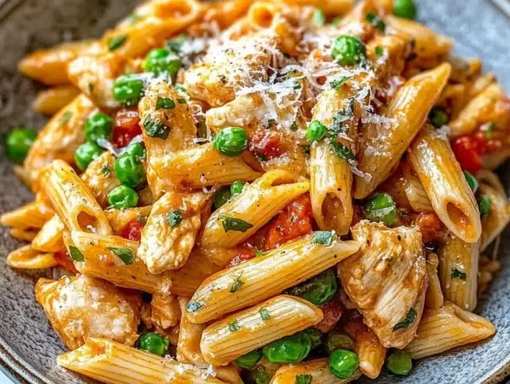 Plate of creamy spicy chipotle chicken pasta garnished with herbs
