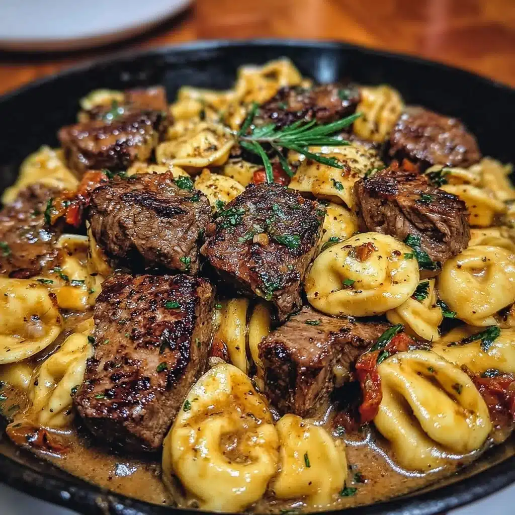 Creamy steak and tortellini skillet dish garnished with herbs