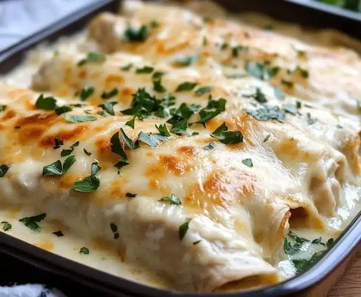 Creamy White Chicken Enchiladas topped with cheese and cilantro