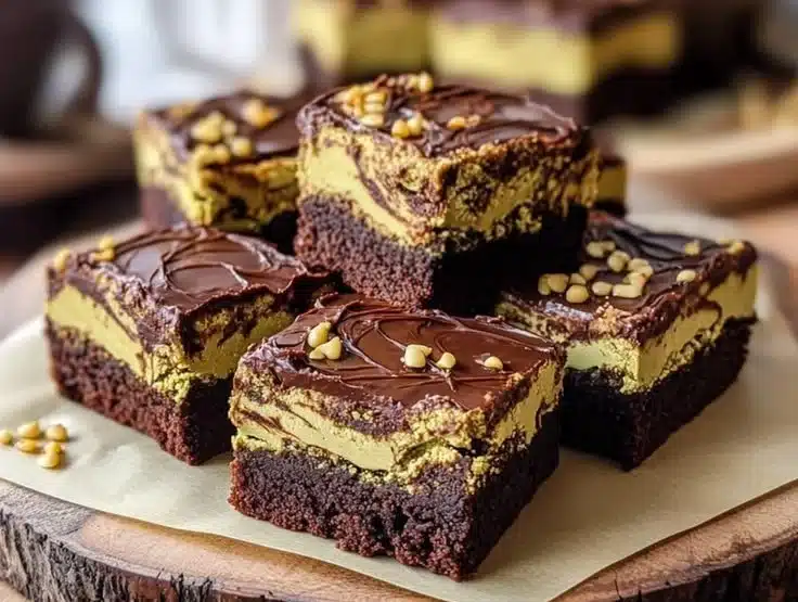 Dubai Chocolate Brownies 3 Delicious Dubai chocolate brownies topped with chocolate drizzle and nuts.