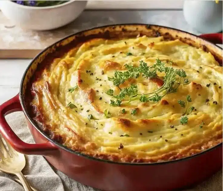 Delicious Dutch Oven Shepherd's Pie topped with creamy mashed potatoes.
