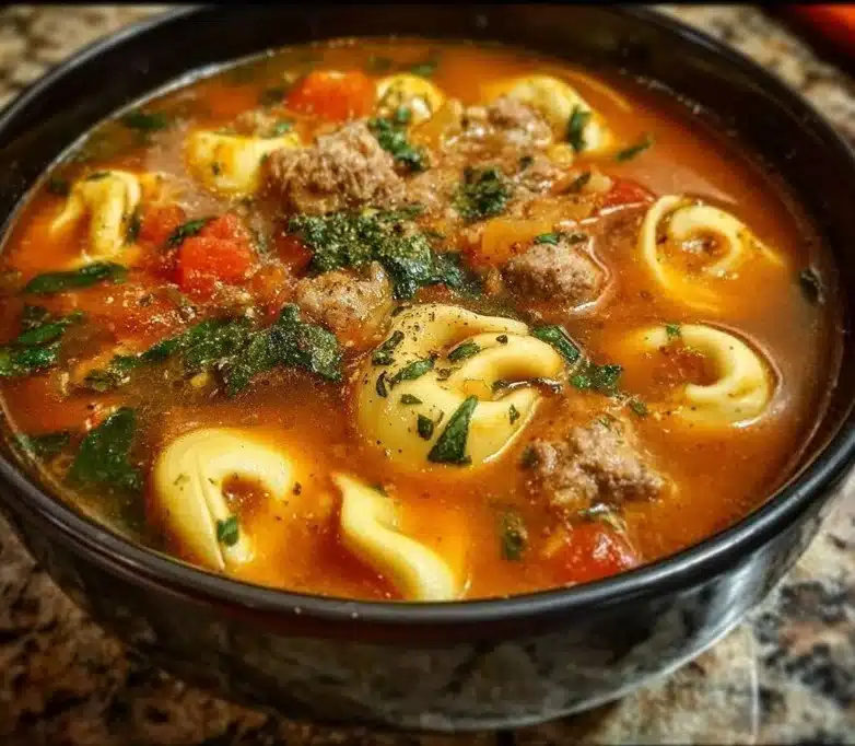Bowl of Easy Sausage and Tortellini Soup topped with fresh herbs