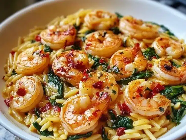 Easy shrimp and spinach orzo skillet dish with fresh ingredients