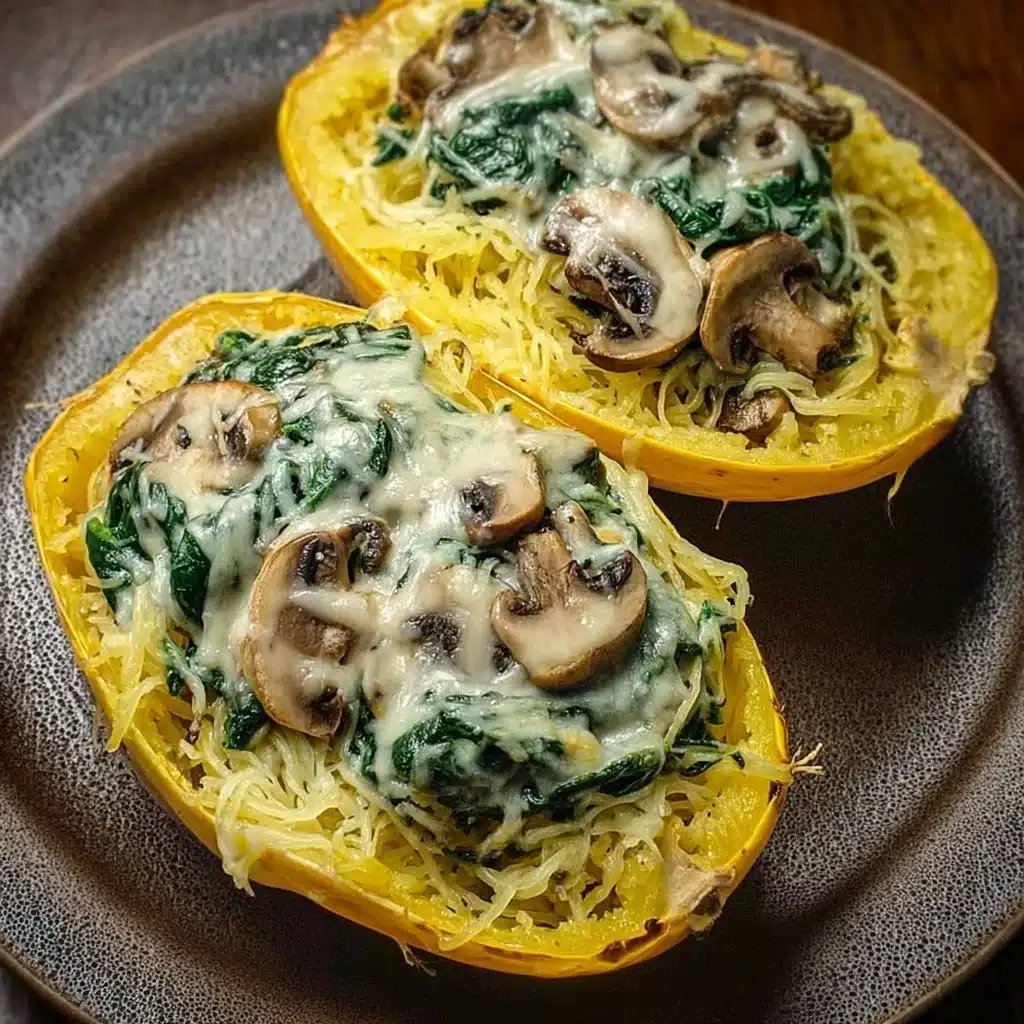 Spinach mushroom spaghetti squash boats recipe with fresh ingredients