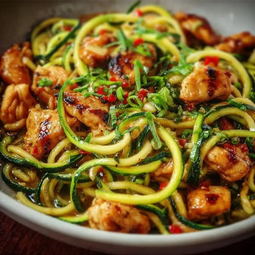 Delicious Garlic Chicken Zucchini Noodles Stir Fry served in a bowl