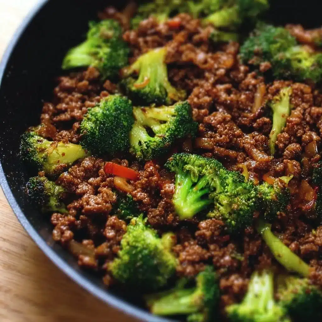 Ground beef and broccoli stir-fry served in a bowl with vegetables