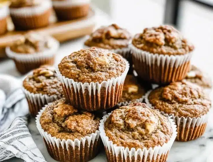 Healthy banana muffins fresh out of the oven with ingredients