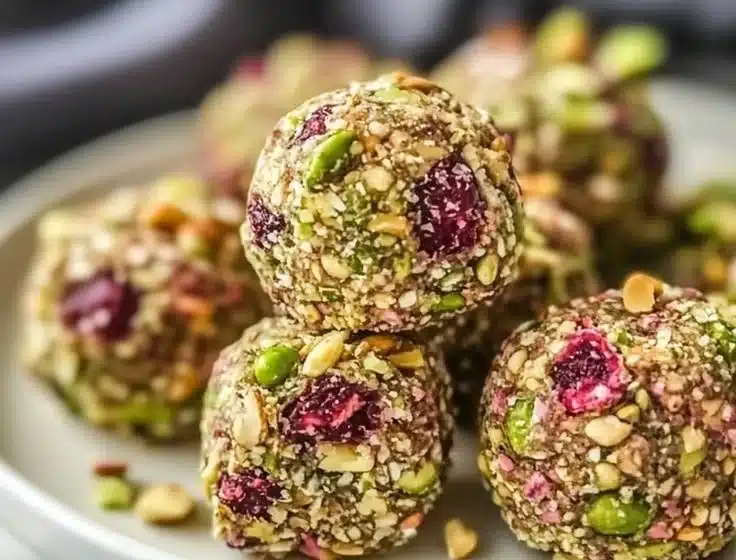 Healthy Protein-Packed Cranberry Bites 3 Healthy protein-packed cranberry bites on a wooden serving board