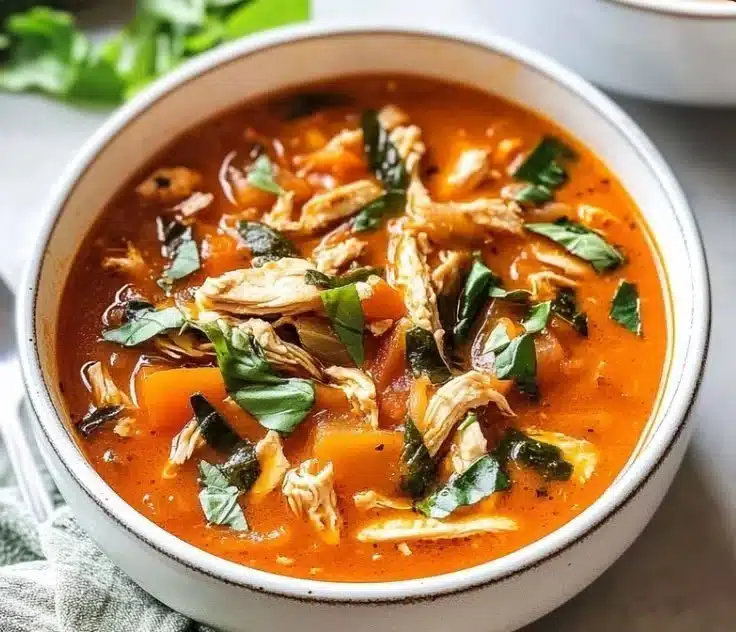 Bowl of hearty chicken tomato soup garnished with fresh herbs