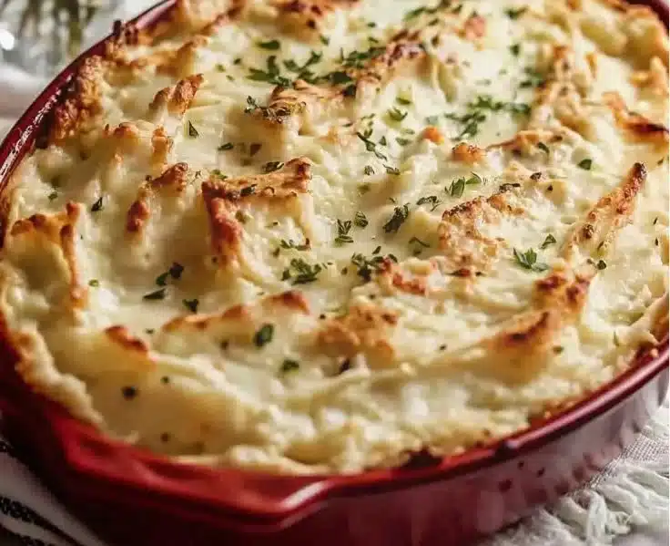 Delicious serving of Joanna Gaines' famous Shepherd's Pie topped with golden mashed potatoes.