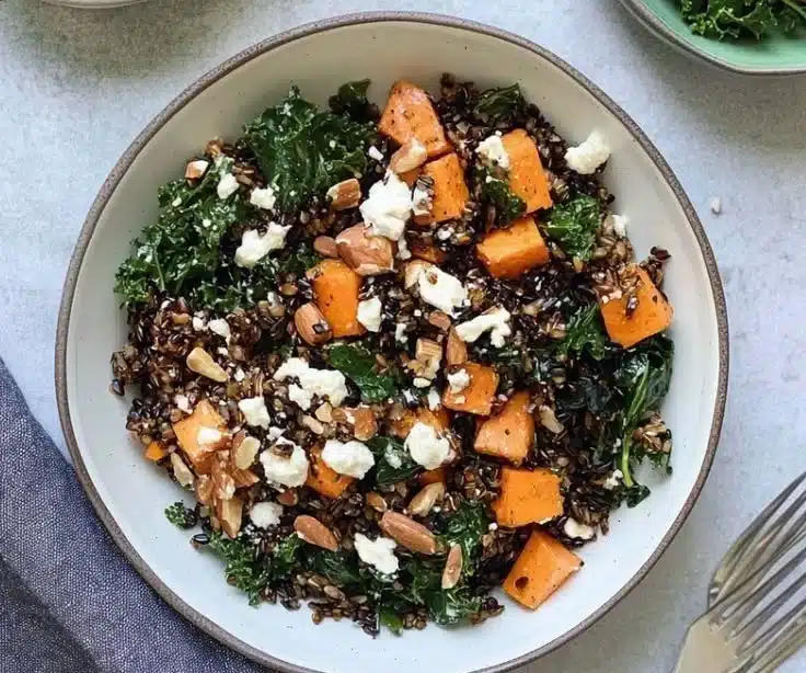 Healthy Kale and Sweet Potato Wild Rice Bowl filled with nutritious ingredients