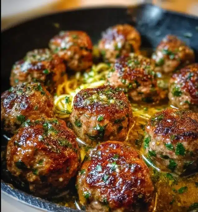 Keto Garlic Butter Meatballs drizzled with garlic butter sauce on a plate