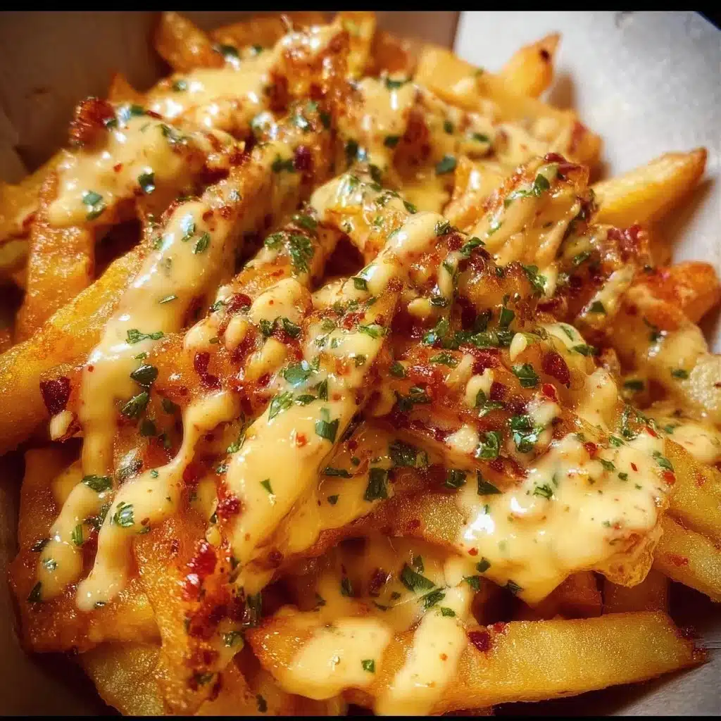 A plate of Louisiana Voodoo Fries topped with spicy seasonings and garnishes.