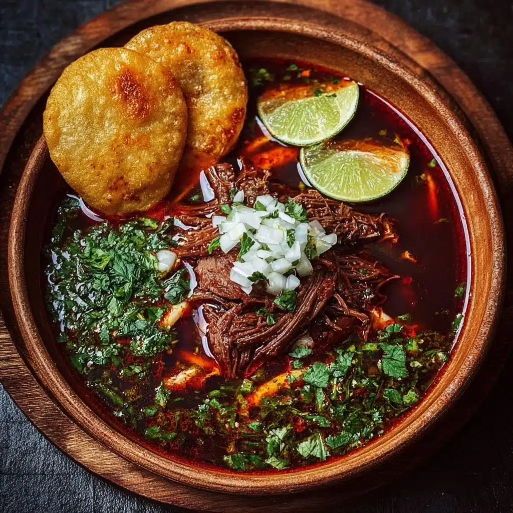 Delicious Mexican Birria served in a bowl with fresh cilantro and lime.