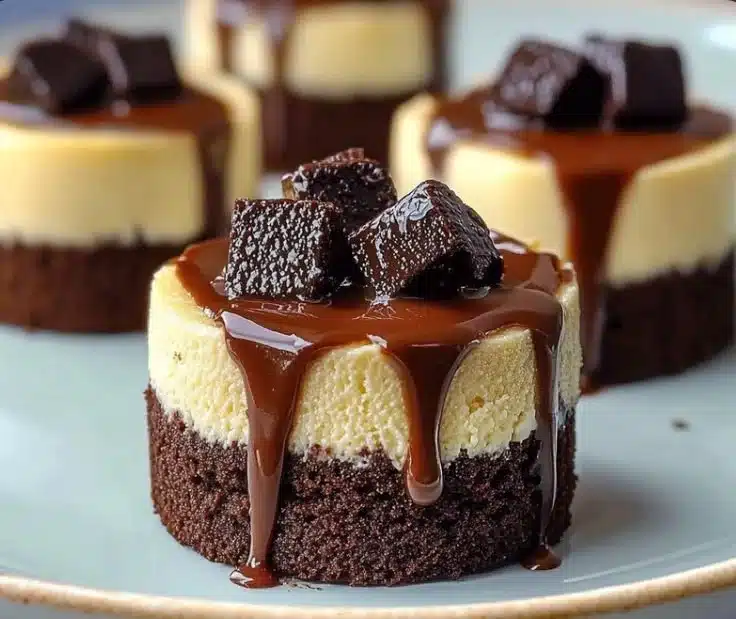 Delicious mini cheesecakes with a rich brownie base, perfect dessert treat.