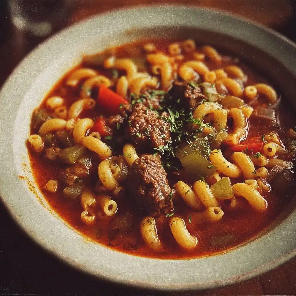 Bowl of old fashioned goulash filled with pasta, ground beef, and vegetables
