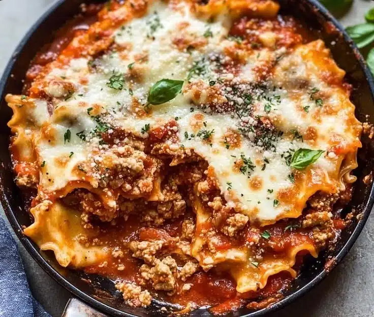One Pan Skillet Lasagna in a skillet with cheese and herbs