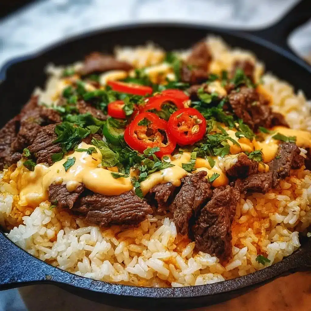 Delicious One-Pan Steak Queso Rice topped with melted cheese and fresh herbs.
