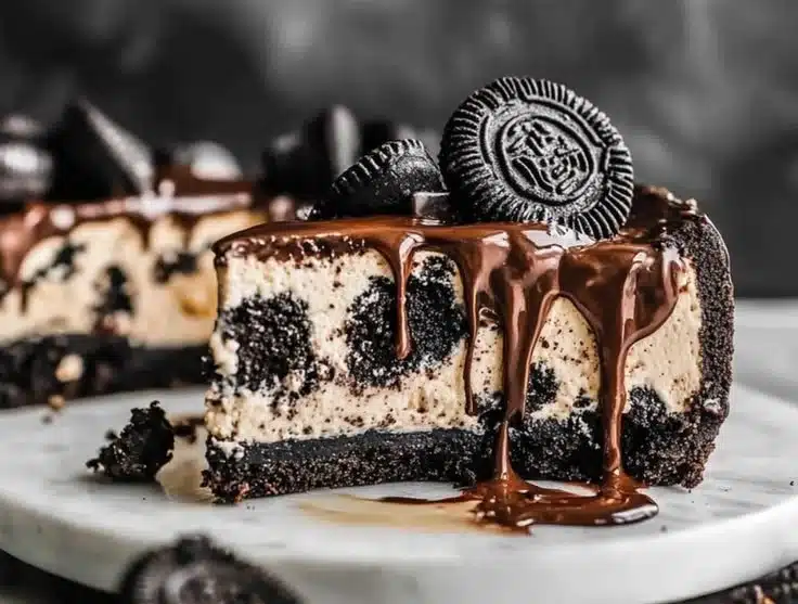 Sliced Oreo Cheesecake topped with crushed Oreos on a white plate