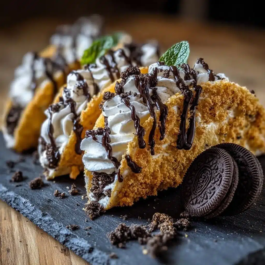 Oreo Crunch Cheesecake Tacos 3 Oreo Crunch Cheesecake Tacos with chocolate drizzle and crushed Oreos on top