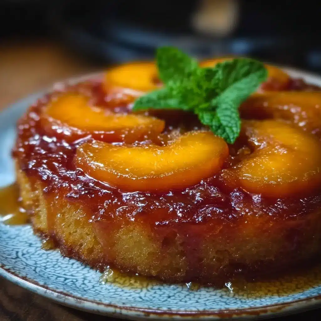 Delicious slice of Peach Upside-Down Cake with caramelized peaches on top
